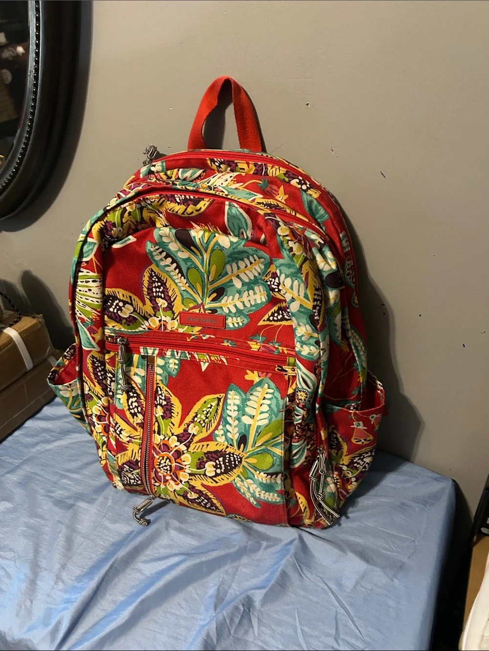 Vera Bradley Red Floral Print Backpack with Teal & Yellow Accents